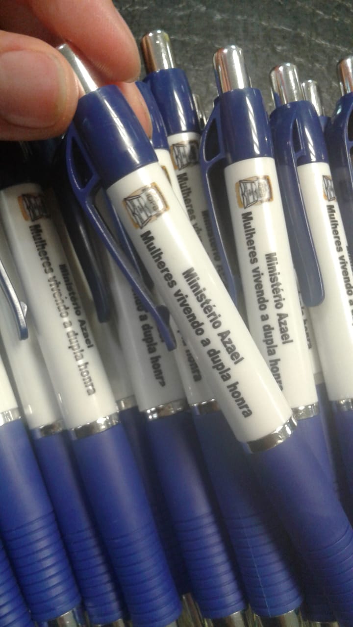 50 Canetas personalizadas - Branca com detalhes colorido
