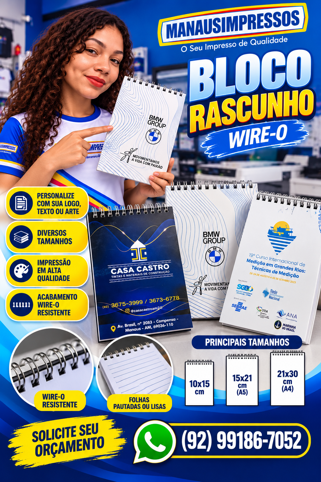 100 10x15 Bloco de rascunho personalizado Wire-O