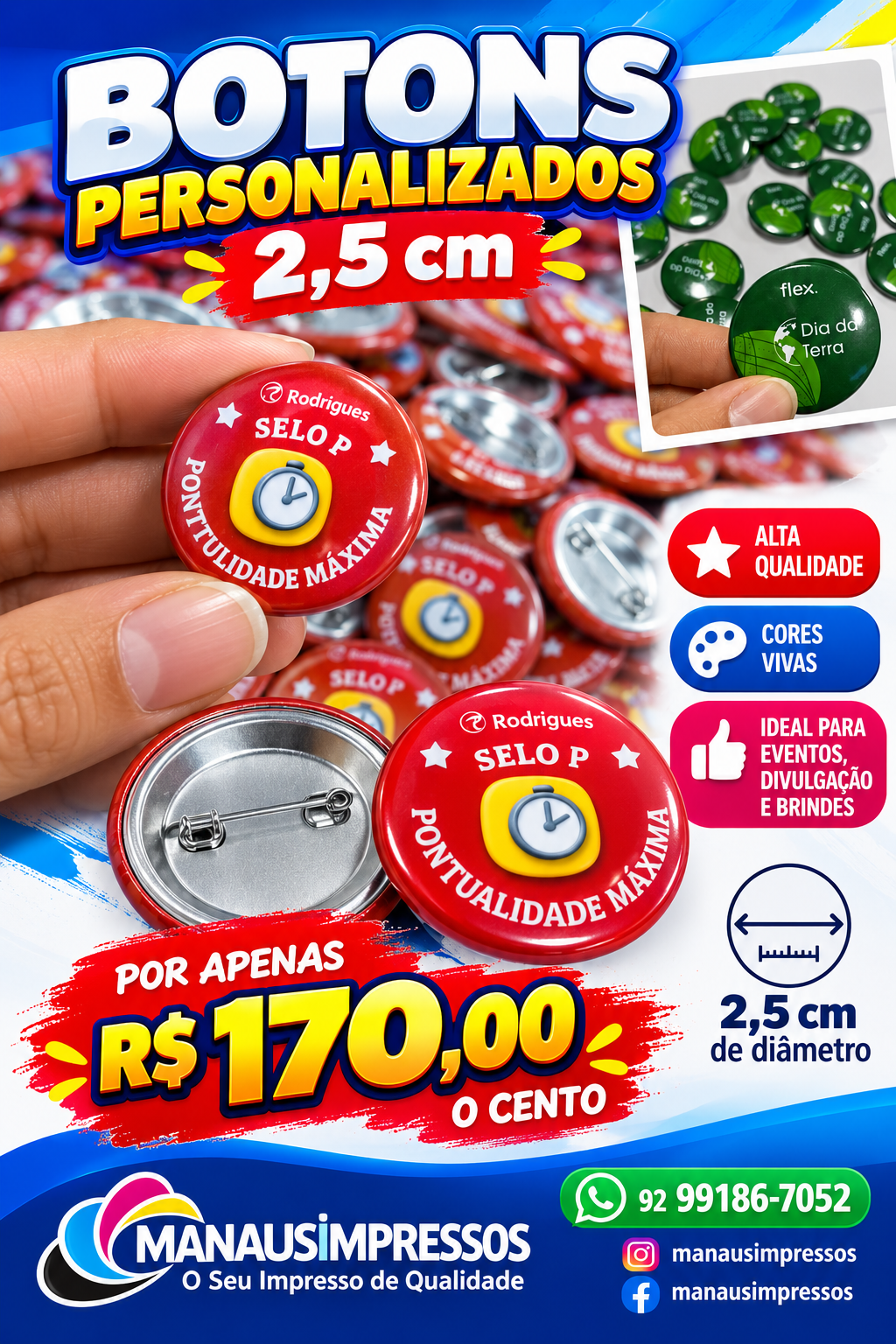 Bótons Personalizados 2,5 cm – Lote com 100 Unidades