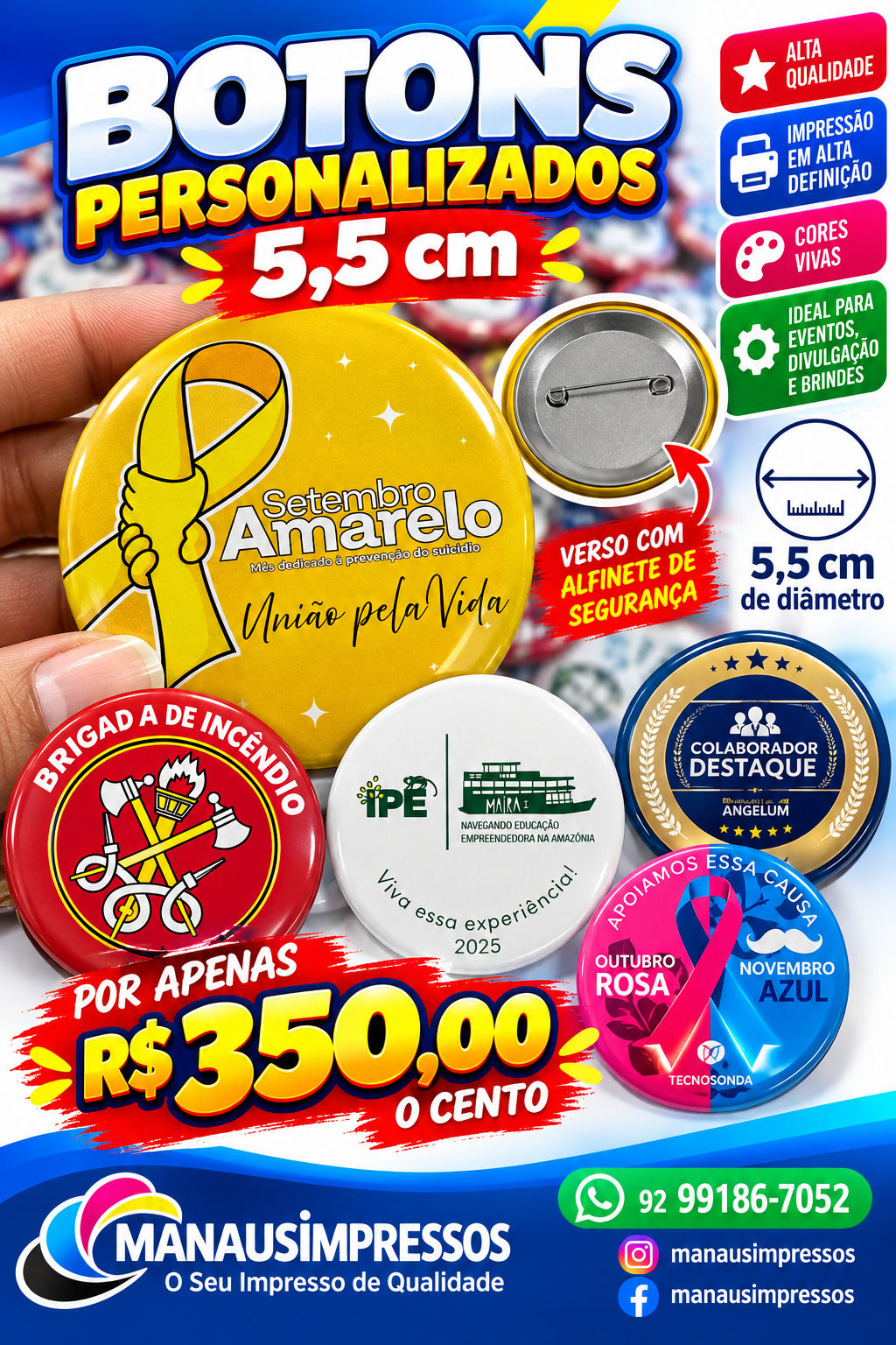 Bótons personalizados de 5,5 cm com alfinete de segurança, lote com 100 unidades por R$ 350,00