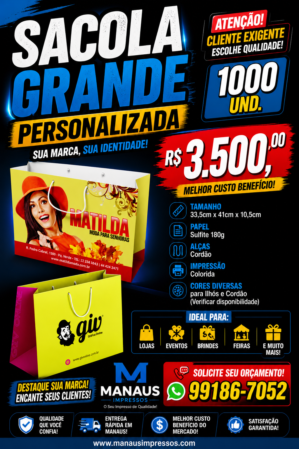 Sacolas de Papel Grandes Personalizadas 33,5 x 41 x 10,5 cm — 1.000 Unidades