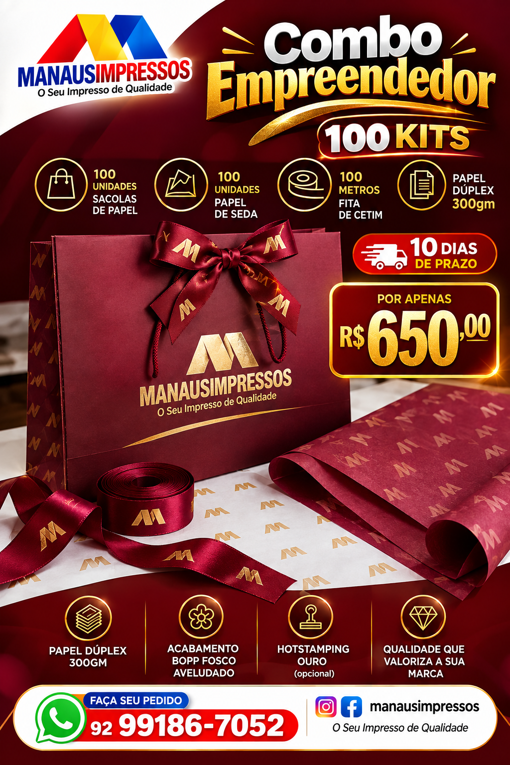 Combo Empreendedor – 100 Sacolas, Papel de Seda e Fita de Cetim
