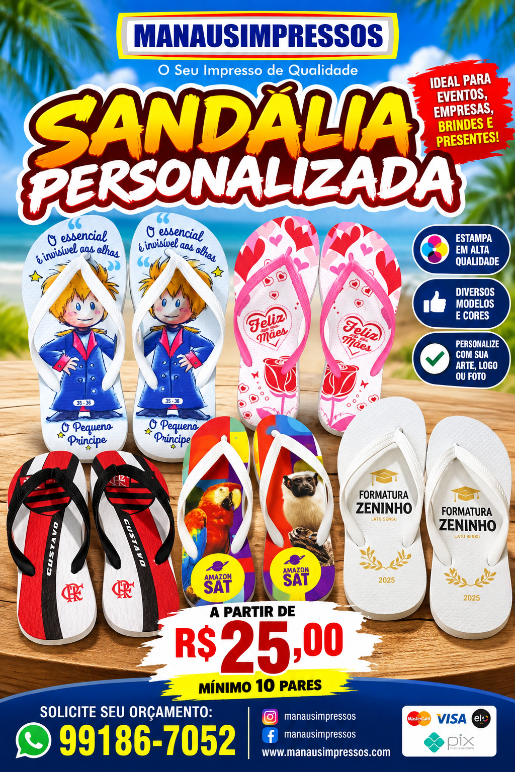 Sandálias personalizadas com arte, logo ou foto, a partir de R$ 25,00 por par com mínimo de 10 pares