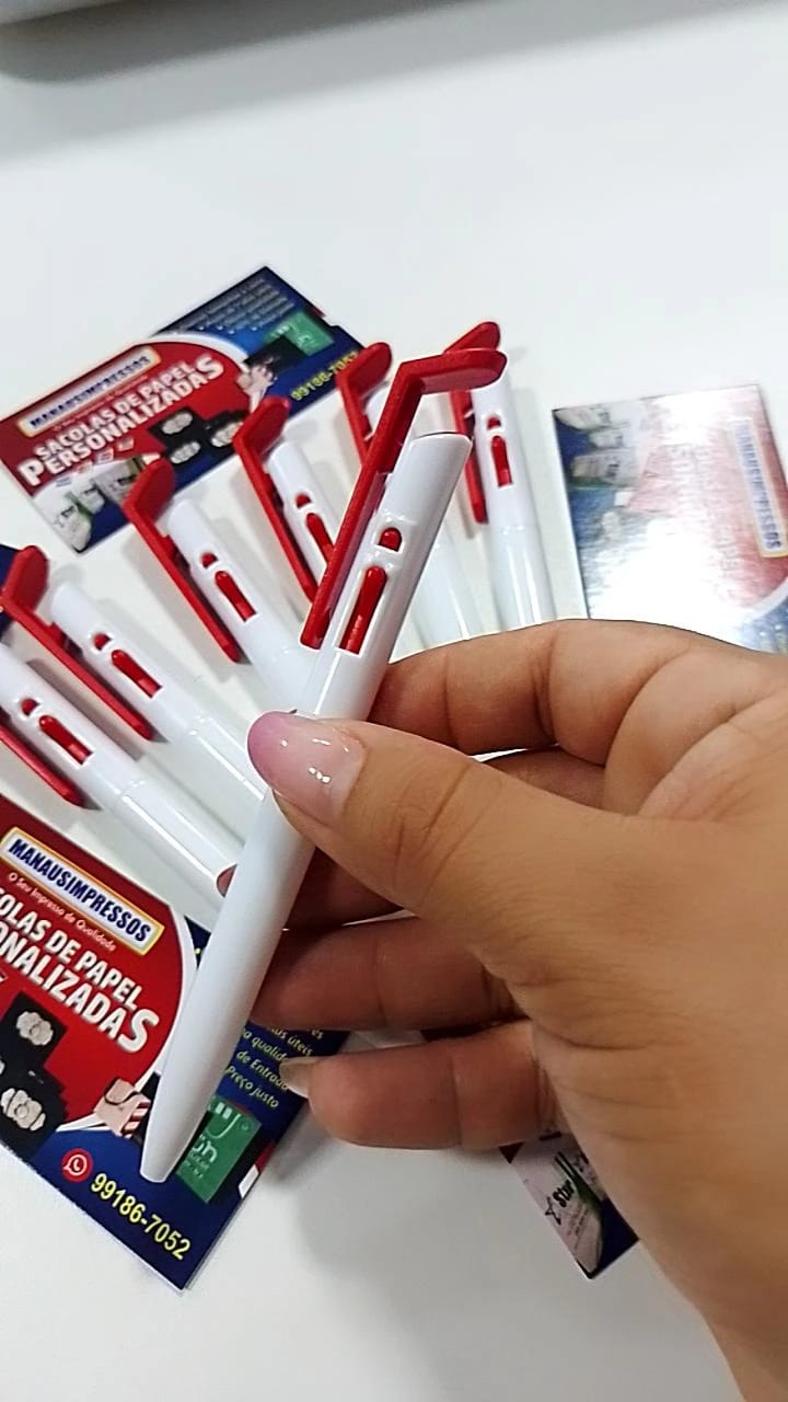 100 Canetas Plásticas personalizadas - Branca com detalhes colorido