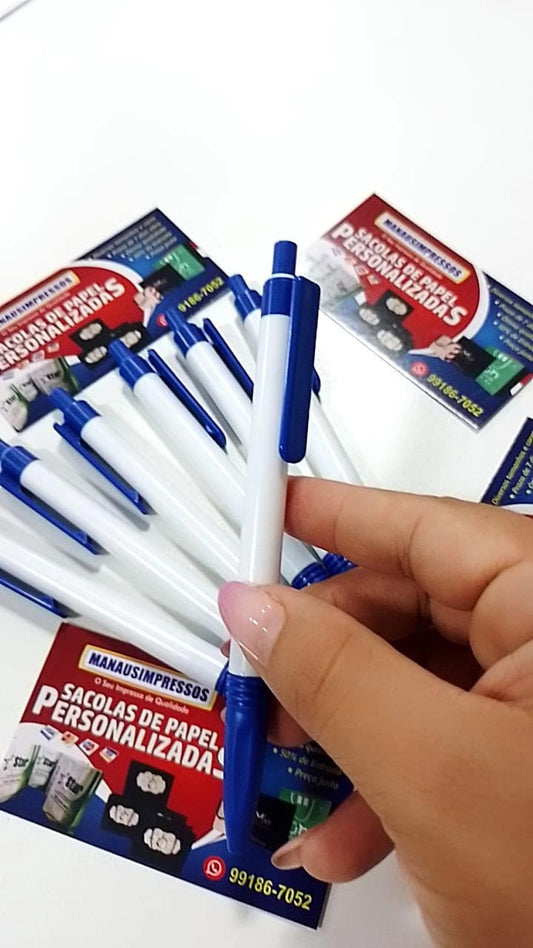 100 Canetas Plásticas personalizadas - Branca com detalhes colorido