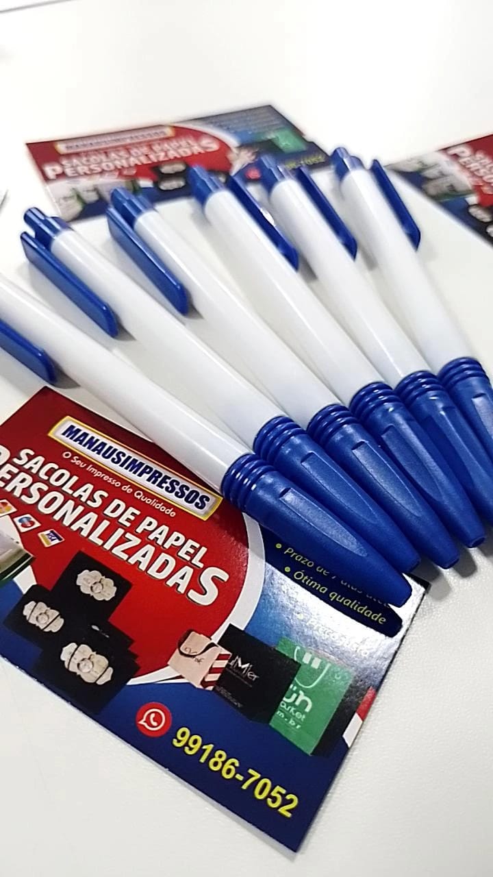 100 Canetas Plásticas personalizadas - Branca com detalhes colorido