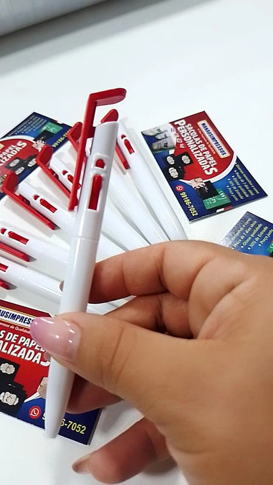 100 Canetas Plásticas personalizadas - Branca com detalhes colorido