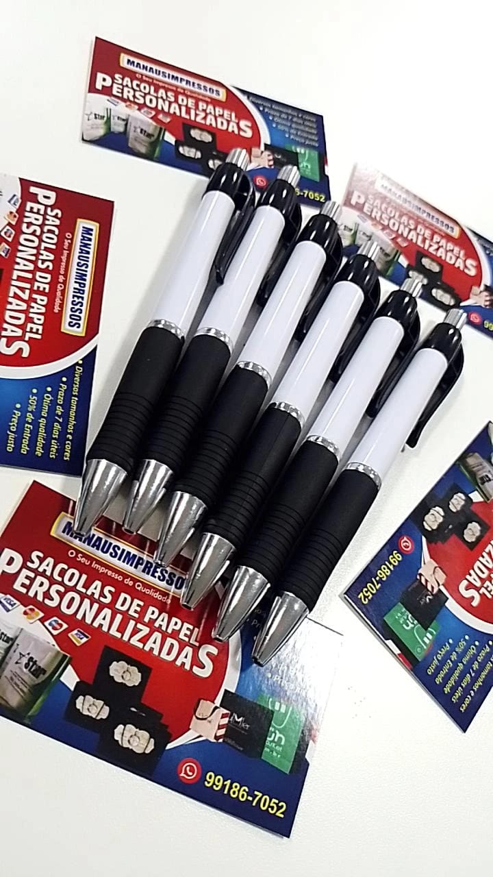 50 Canetas personalizadas - Branca com detalhes colorido