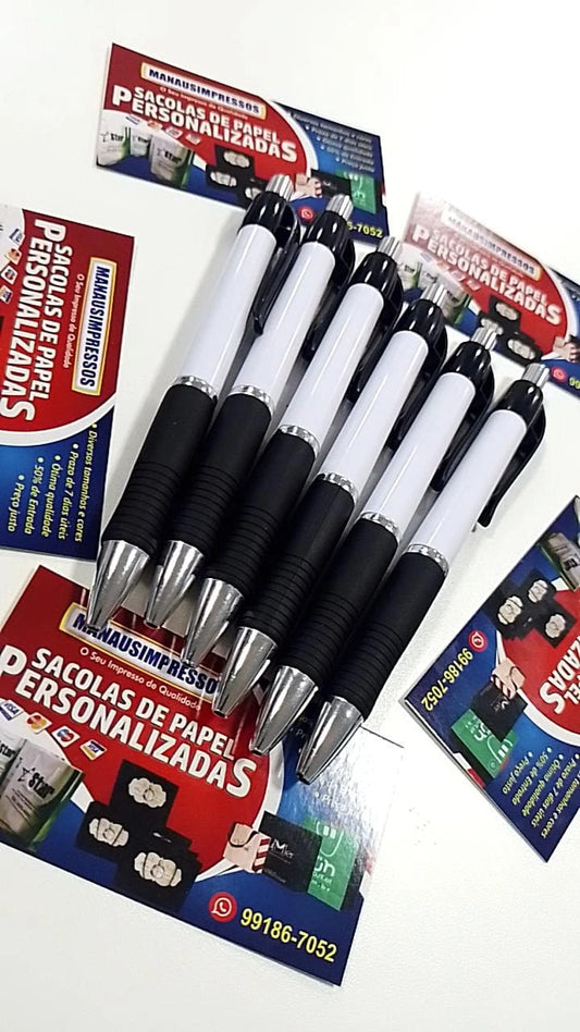 100 Canetas personalizadas - Branca com detalhes colorido