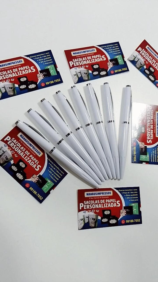 100 Canetas Plásticas personalizadas - Branca com detalhes colorido