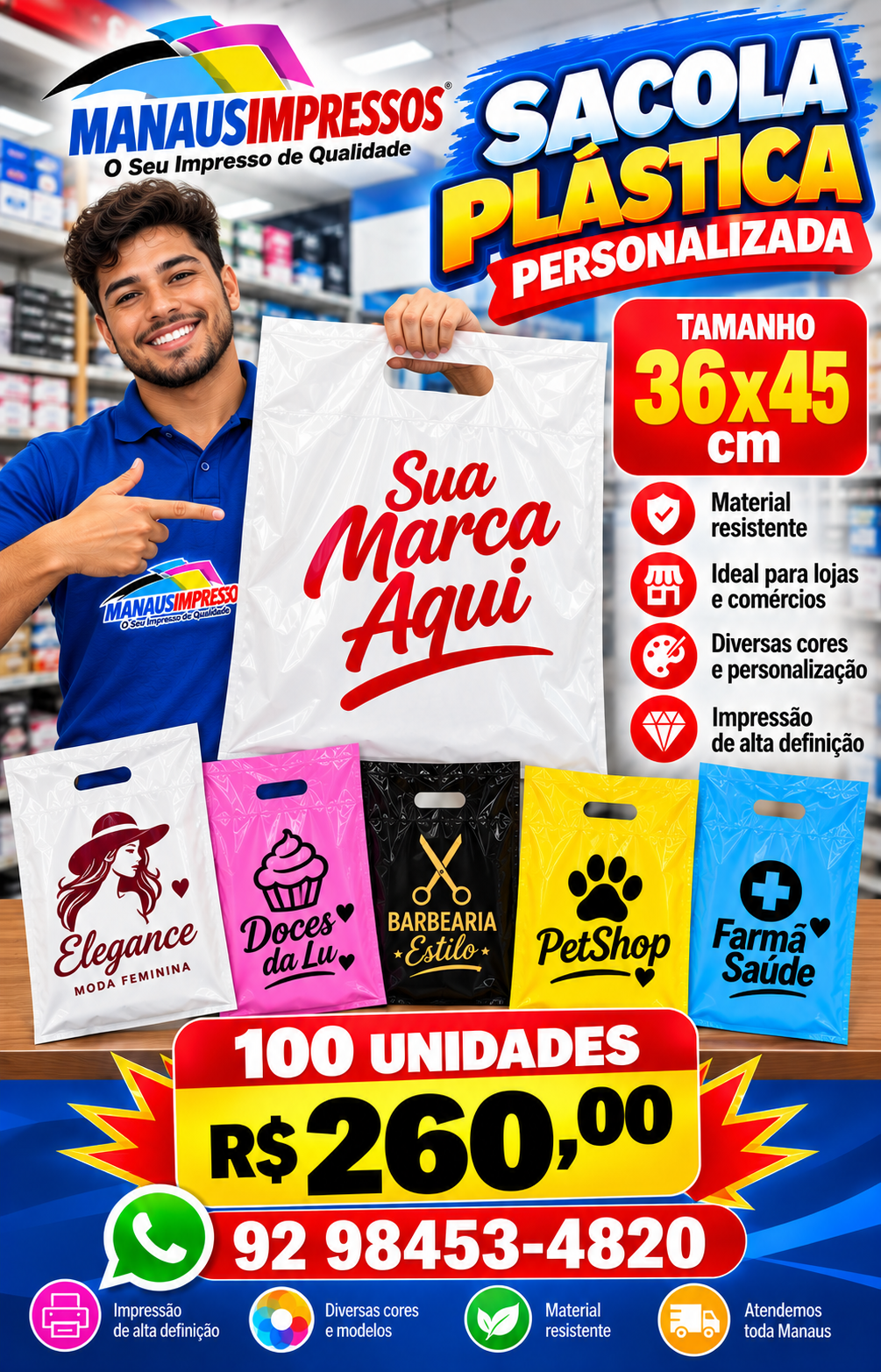 Sacolas Plásticas Personalizadas 36 x 45 cm — 100 Unidades