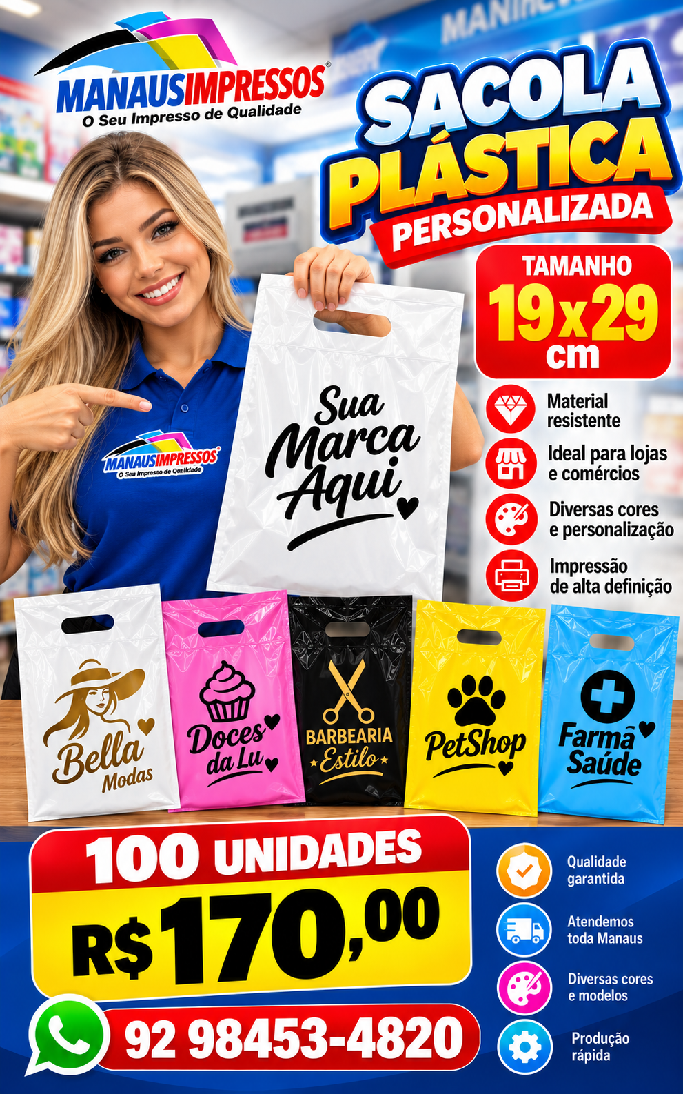 Sacolas Plásticas Personalizadas 19 x 29 cm — 100 Unidades