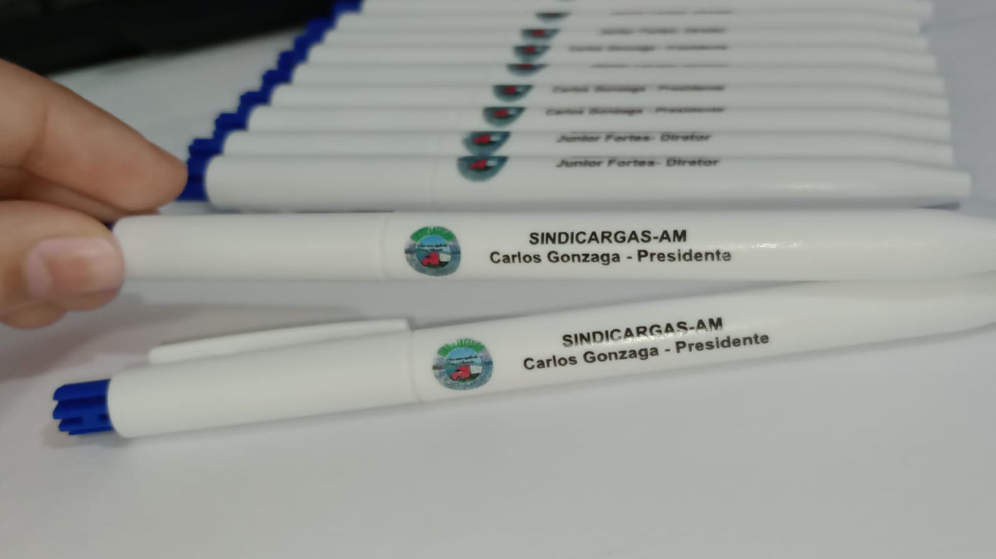 50 Canetas personalizadas - Branca com detalhes colorido
