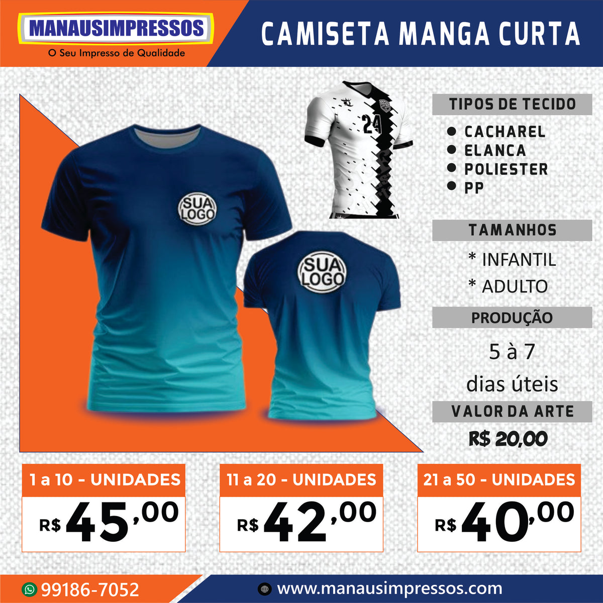 Tabela de camiseta manga curta personalizada com tecidos, prazo de produção e preços por quantidade