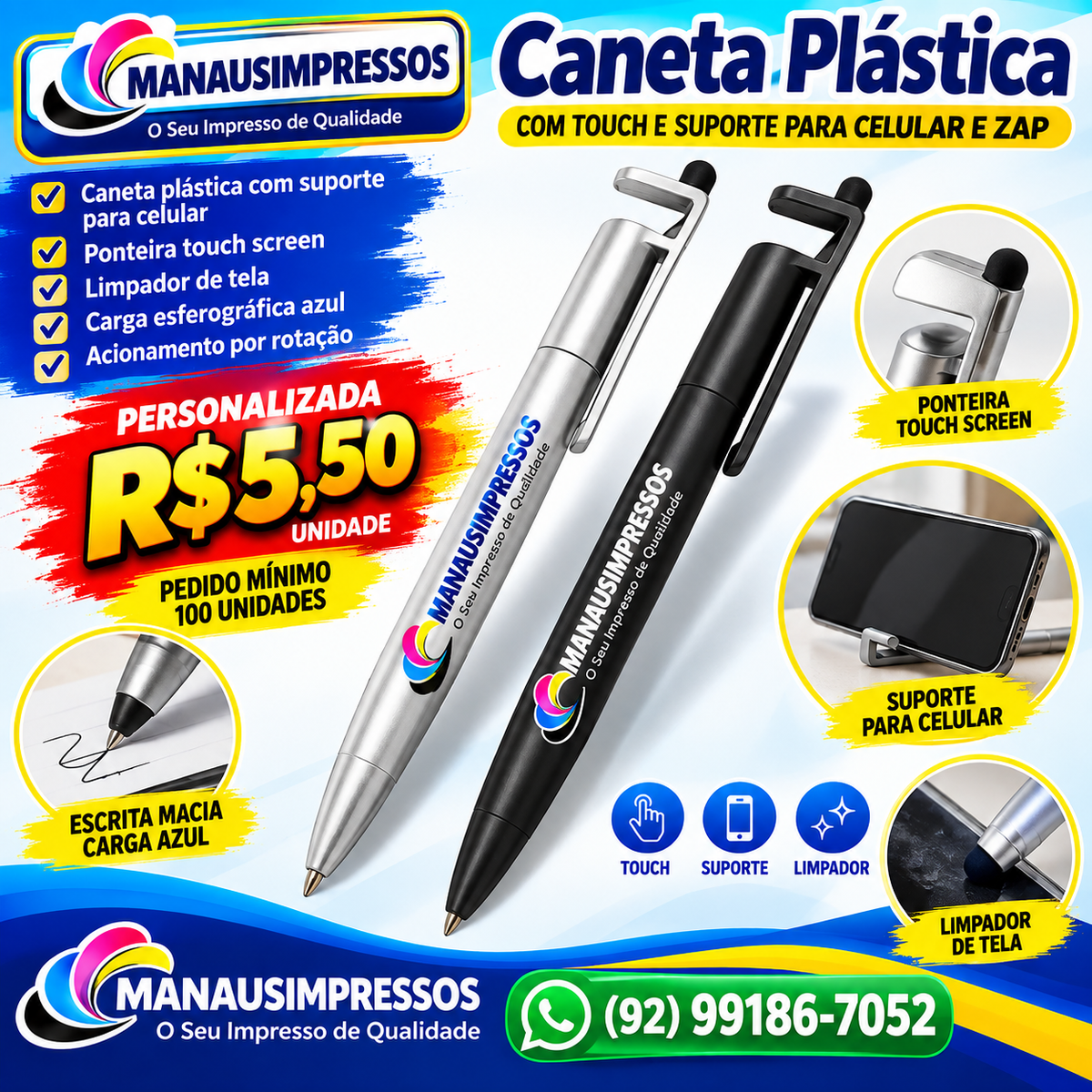 Canetas Personalizadas Touch com Suporte para Celular — 100 Unidades
