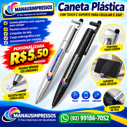 Canetas Personalizadas Touch com Suporte para Celular — 100 Unidades
