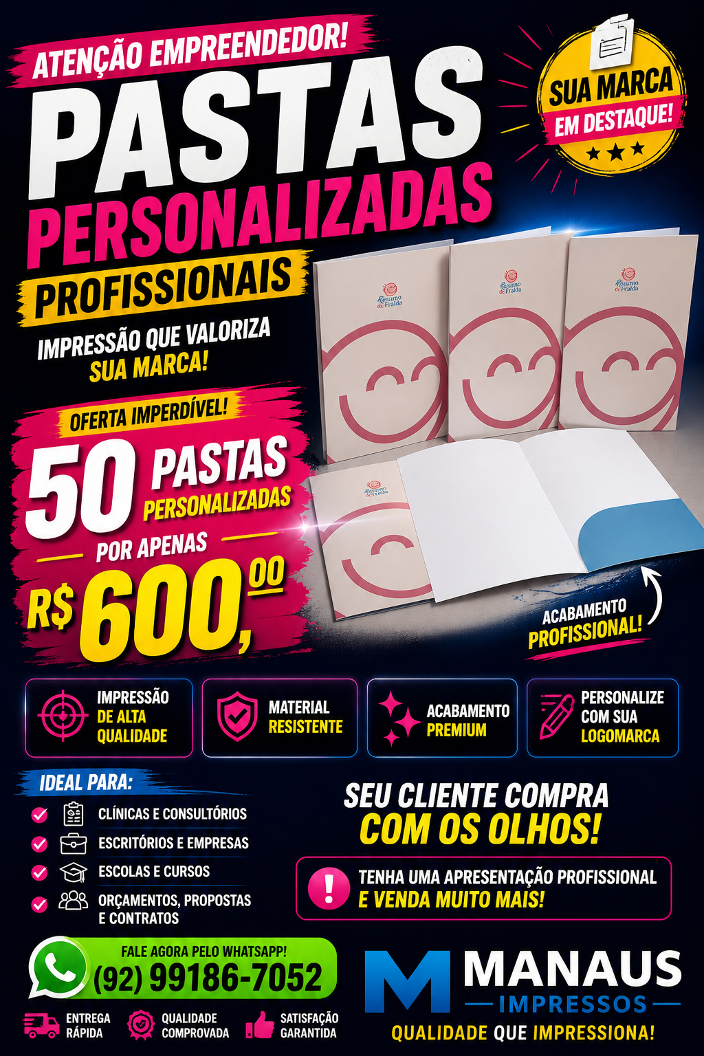 Kit com 50 pastas personalizadas com logomarca por R$ 600,00