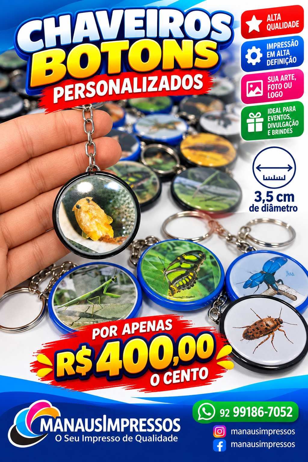 Chaveiros bótons personalizados de 3,5 cm com corrente e argola, lote com 100 unidades por R$ 400,00