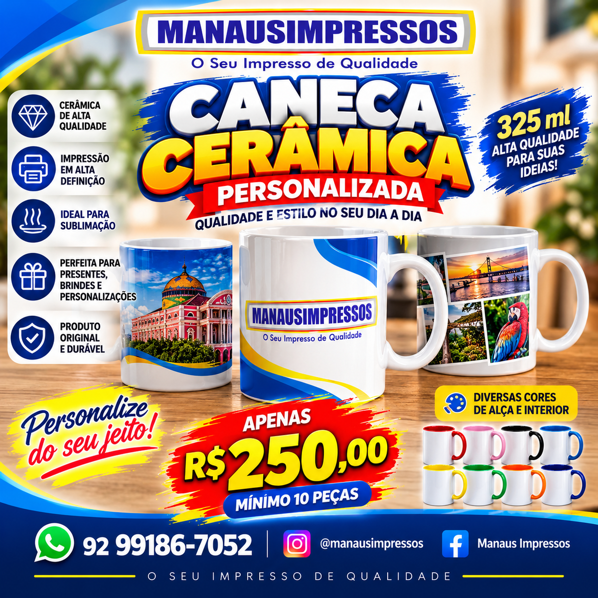Canecas de cerâmica personalizadas de 325 ml, oferta de 10 peças por R$ 250,00