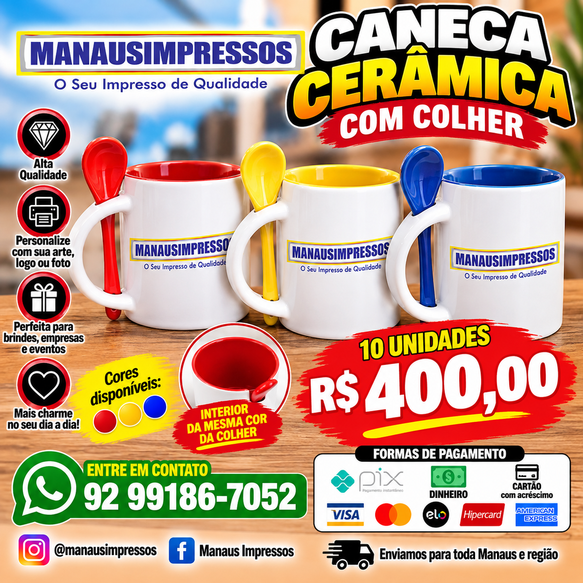 Kit com 10 canecas de cerâmica personalizadas com colher por R$ 400,00, nas cores vermelho, amarelo e azul