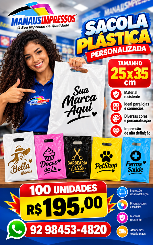 Sacolas Plásticas Personalizadas 25 x 35 cm — 100 Unidades
