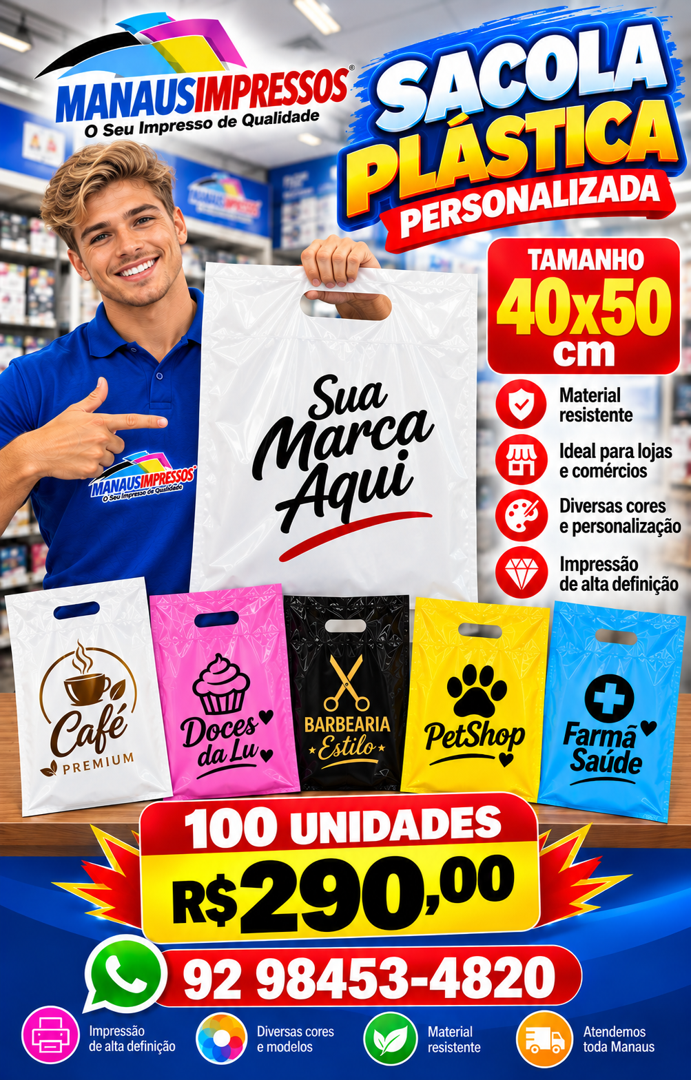 Sacolas Plásticas Personalizadas 40 x 50 cm — 100 Unidades