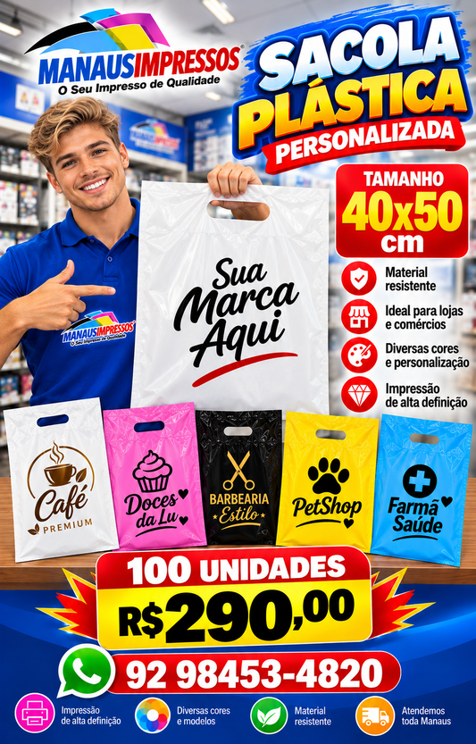 Sacolas Plásticas Personalizadas 40 x 50 cm — 100 Unidades