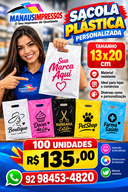 Sacolas Plásticas Personalizadas 13 x 20 cm — 100 Unidades
