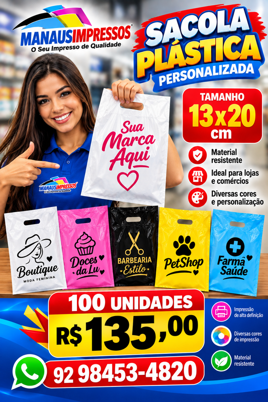Sacolas Plásticas Personalizadas 13 x 20 cm — 100 Unidades