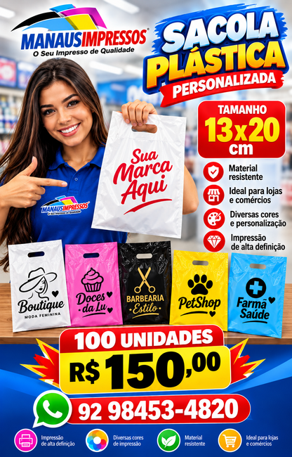 Sacolas Plásticas Personalizadas 13 x 20 cm — 100 Unidades