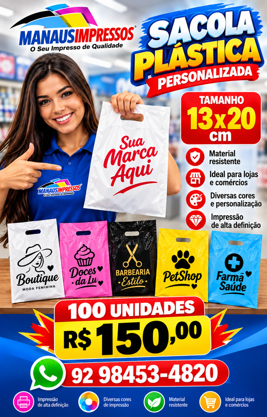 Sacolas Plásticas Personalizadas 13 x 20 cm — 100 Unidades