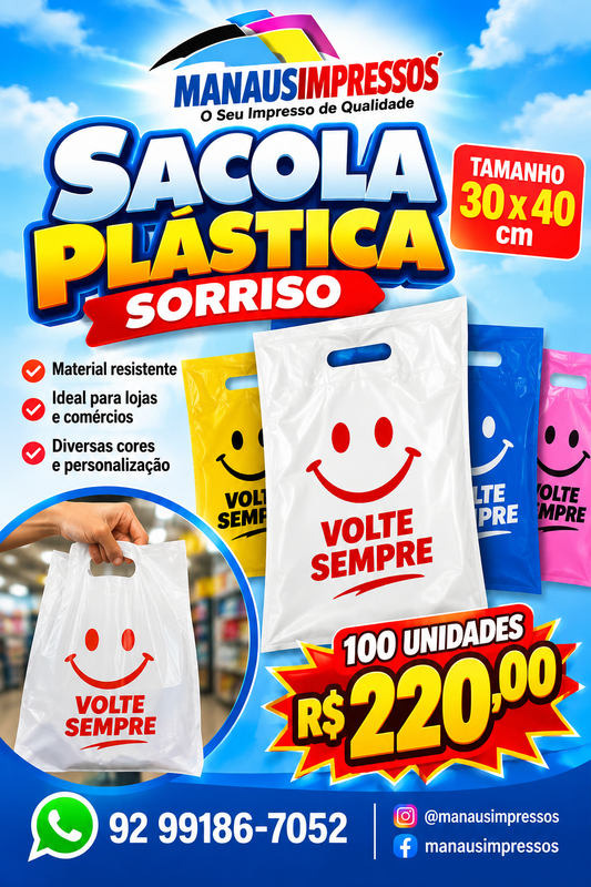 Sacolas Plásticas Sorriso Volte Sempre 30 x 40 cm — 100 Unidades