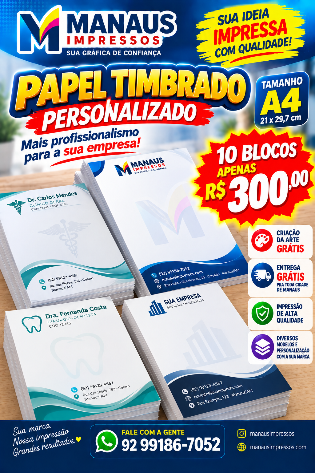 Papel timbrado personalizado A4, kit com 10 blocos por R$ 300,00 e criação da arte grátis