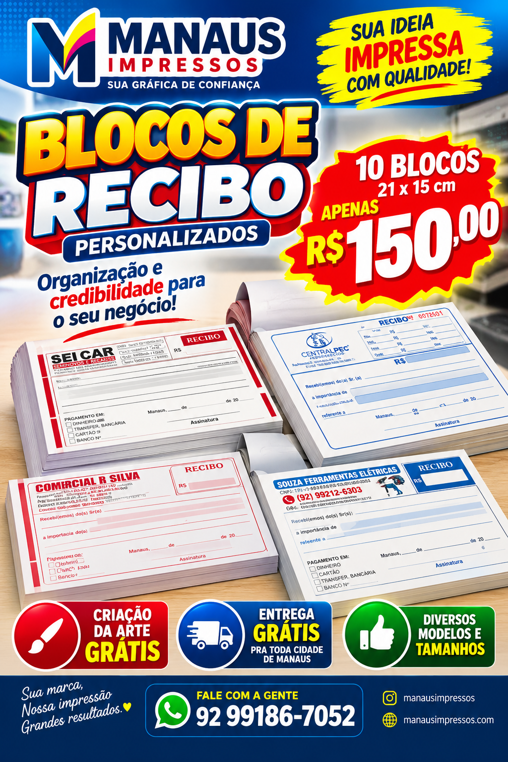 Kit com 10 blocos de recibo personalizados 21 x 15 cm por R$ 150,00, com criação da arte grátis