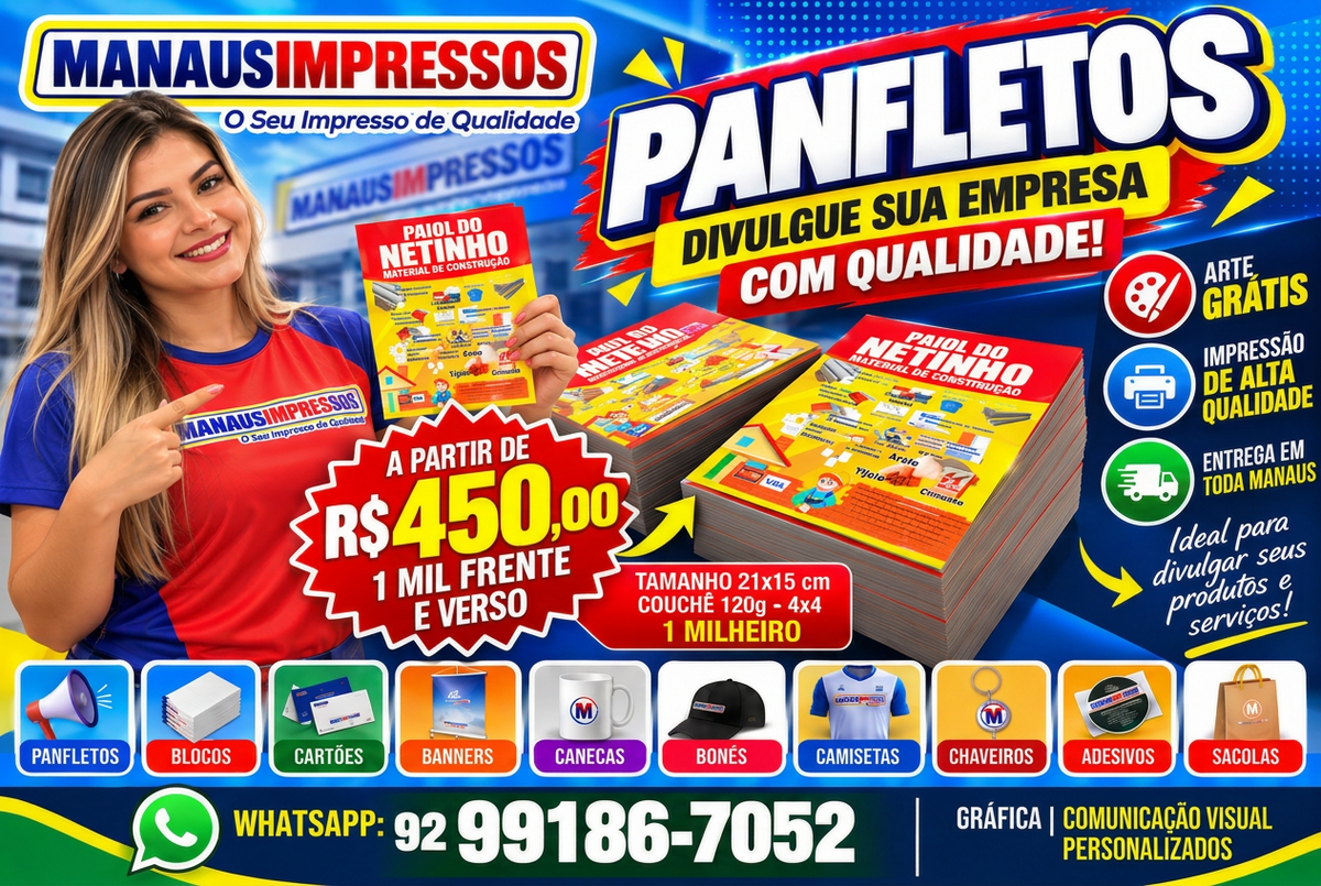 Panfletos personalizados 21 x 15 cm, frente e verso, mil unidades por R$ 450,00