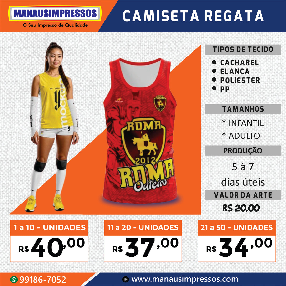 Camiseta regata personalizada com tabela de preços por quantidade, tecidos e prazo de produção