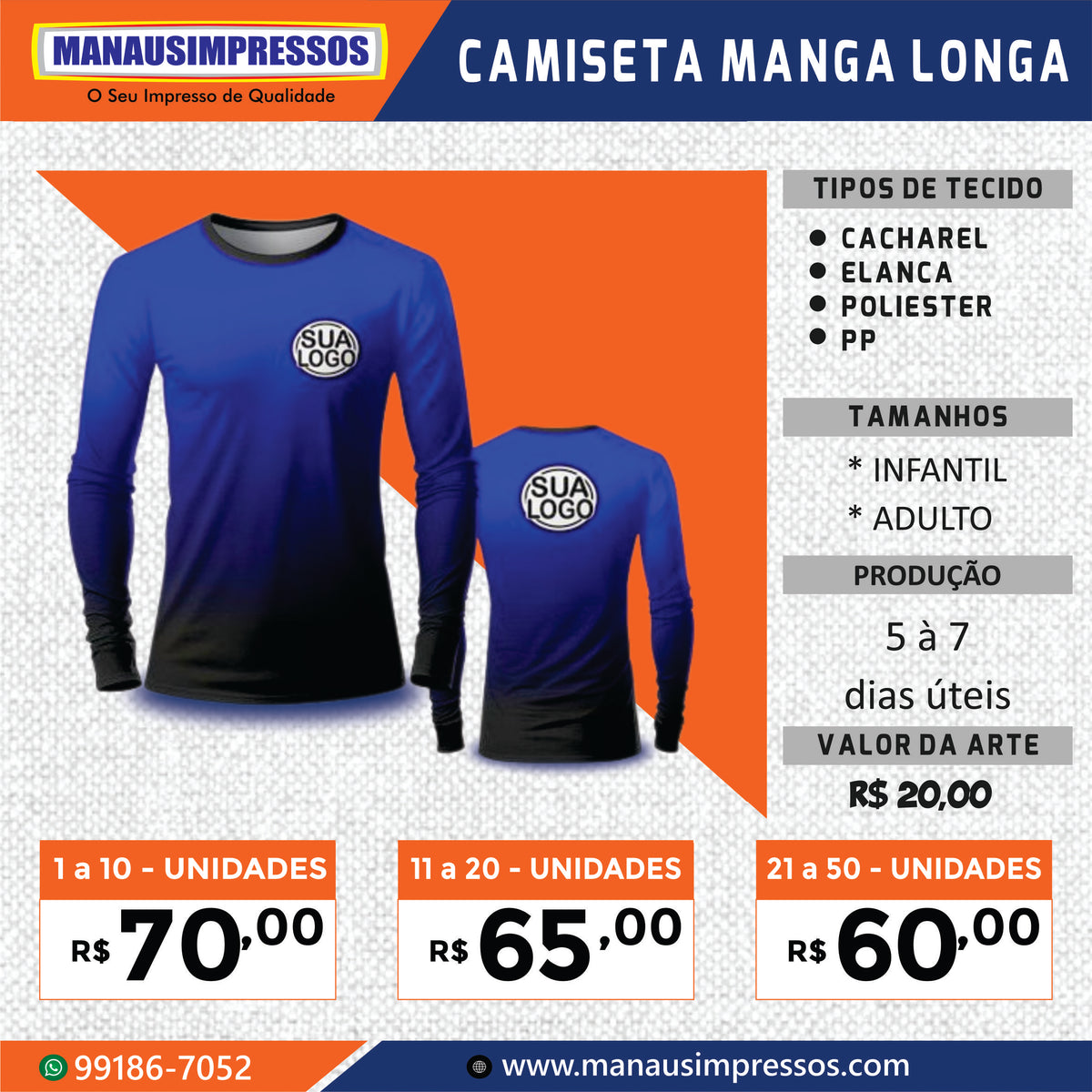 Camiseta manga longa personalizada, tabela de preços por quantidade, tecidos e prazo de produção
