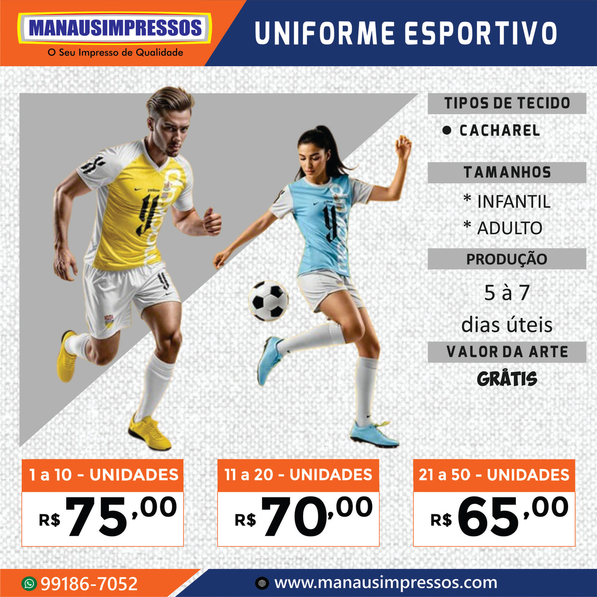 Uniforme esportivo personalizado em cacharel, com preços por quantidade e arte grátis